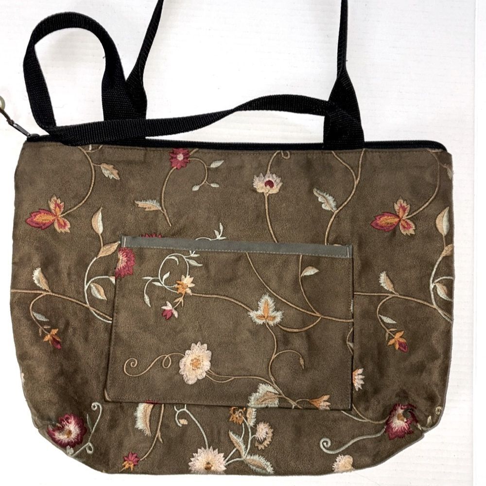 Sally Spicer Tote Bag Brown Red Floral Embroidery